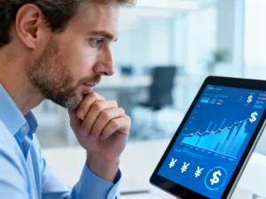 Mężczyzna w nowoczesnym biurze analizuje wykresy finansowe na tablecie, planując budżet i wynagrodzenie.