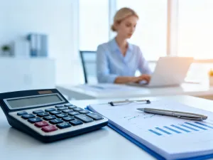 Kobieta analizująca wykresy finansowe na tablecie w profesjonalnym biurze domowym.