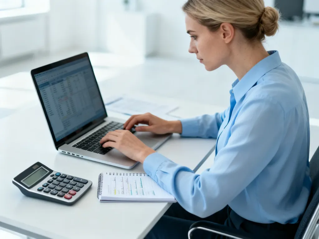 Kobieta pracująca przy laptopie i kalkulatorze w nowoczesnym biurze, obliczająca finanse i wynagrodzenie.