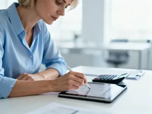 Pracownik biurowy zamyślony nad ekranem laptopa, analizujący swoje wynagrodzenie w nowoczesnym biurze.