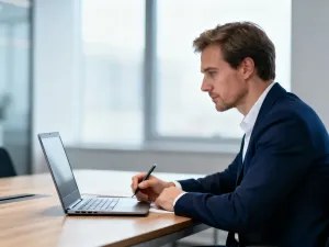 Kobieta przy biurku analizuje dokumenty finansowe z kalkulatorem, co ilustruje proces obliczania wynagrodzenia netto.