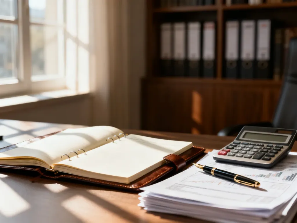 Profesjonalne biurko z księgą, kalkulatorem i dokumentami finansowymi, symbolizujące pracę księgowego.